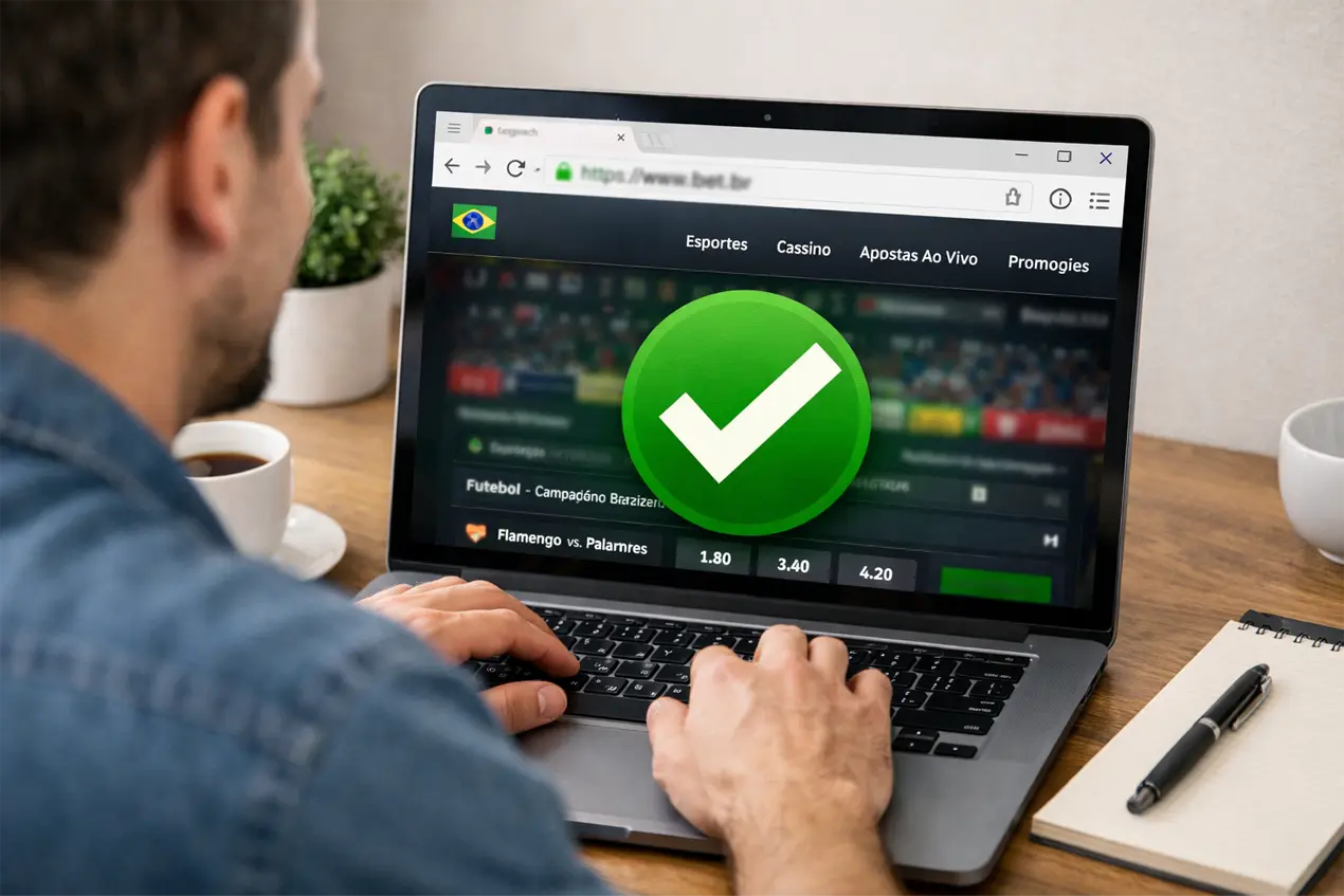 Pessoa usando laptop para acessar site seguro com selo de verificação verde na tela