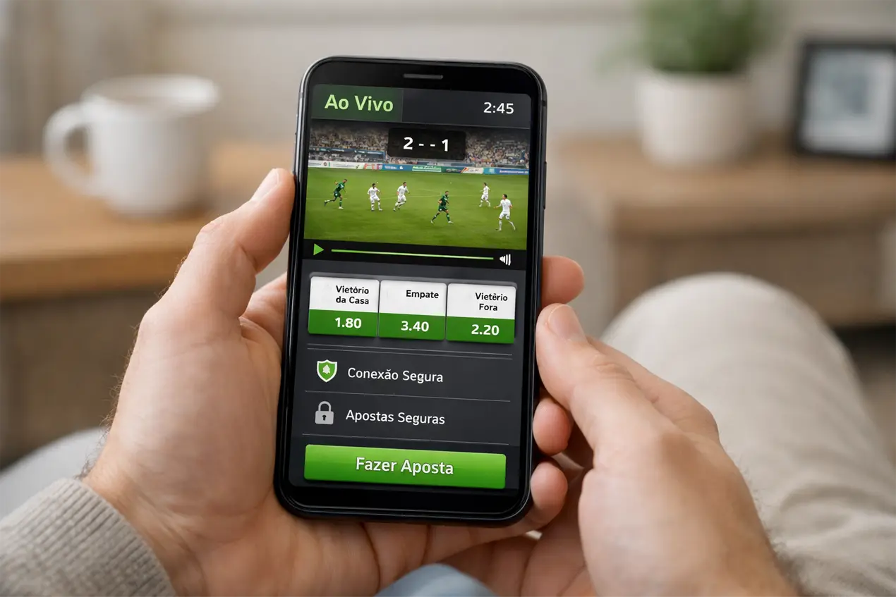 Pessoa assistindo partida de futebol em smartphone enquanto acompanha o jogo em casa